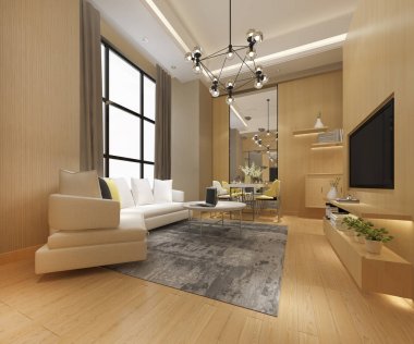 3 boyutlu modern yemek odası ve oturma odasını lüks dekorlarla donatmak.