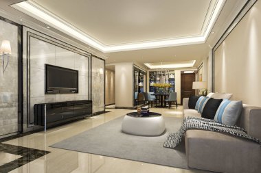 3 boyutlu modern yemek odası ve oturma odasını lüks dekorlarla donatmak.