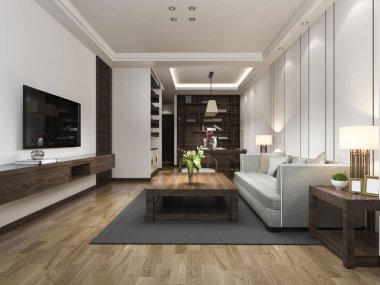 3 boyutlu modern yemek odası ve oturma odasını lüks dekorlarla donatmak.
