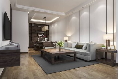 3 boyutlu modern yemek odası ve oturma odasını lüks dekorlarla donatmak.