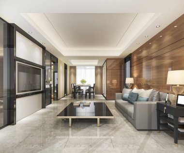 3 boyutlu modern yemek odası ve oturma odasını lüks dekorlarla donatmak.
