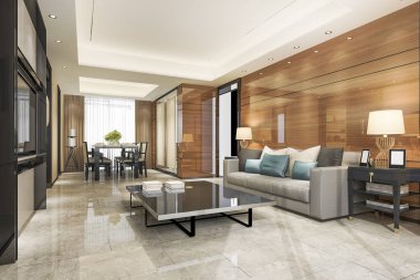3 boyutlu modern yemek odası ve oturma odasını lüks dekorlarla donatmak.