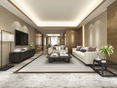 3 boyutlu modern yemek odası ve oturma odasını lüks dekorlarla donatmak.