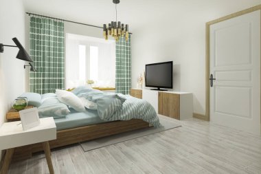 TV ile otelde 3D render yeşil Vintage minimal yatak odası Süit