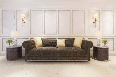 kanepe ile klasik İskandinav tarzı oturma odası Mock yukarı 3D render 