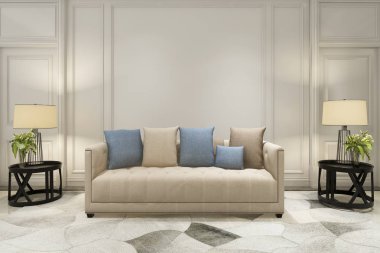 Kanepe klasik tarzı ile oturma odasında 3d render ahşap dekor kadar sahte