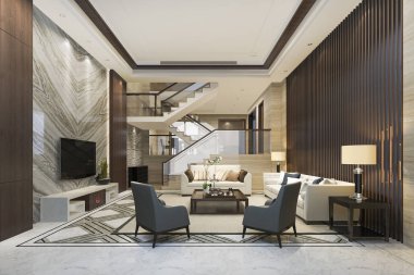 3D render Beyaz ahşap oturma odası yatak odası yukarda yakınındaki