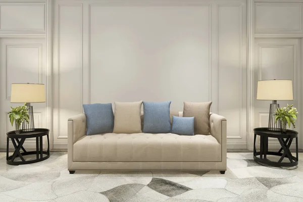 Kanepe klasik tarzı ile oturma odasında 3d render ahşap dekor kadar sahte