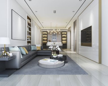 Kitaplık ve yemek odası ile 3d render loft lüks oturma odası