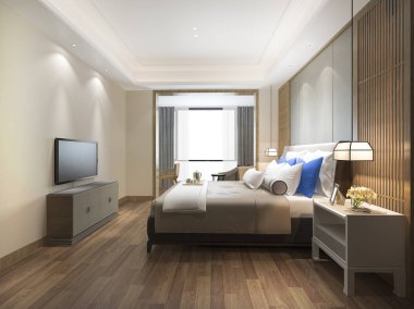 Otelde 3d render lüks mavi modern yatak odası suit