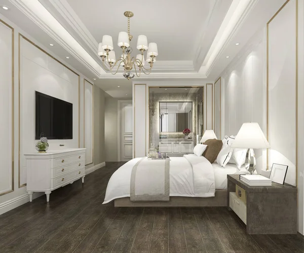 แสดงห องนอนหร หราท สวยงามในโรงแรมพร อมท — ภาพถ่ายสต็อก