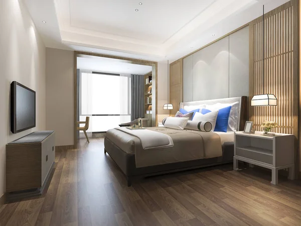 Rendering Luxe Blauwe Moderne Slaapkamer Suite Hotel — Stockfoto