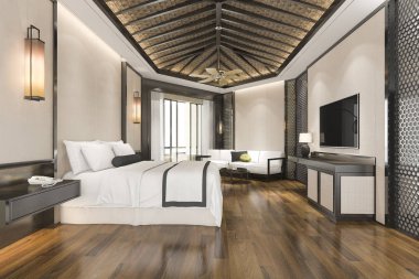 Tatil otel ve tatil beldesinde 3d render lüks tropikal yatak odası süiti