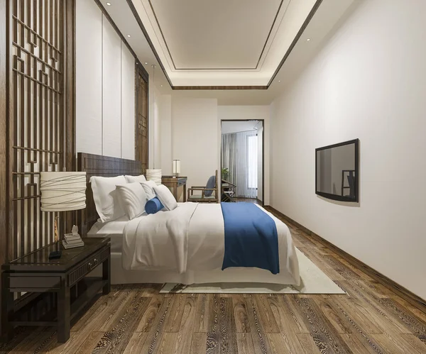 Rendering Luxury Chinese Blue Bedroom Suite Resort Hotel Nära Arbetsrum — Stockfoto