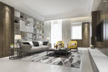 Kitaplık ile sarı koltuk ile 3d render loft lüks oturma odası 