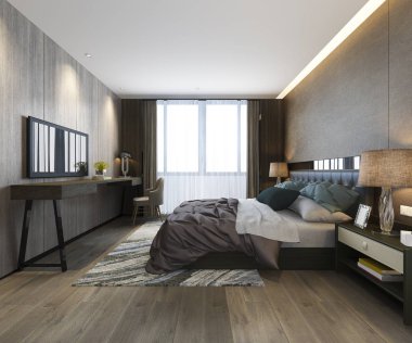 3D, oteldeki, üzerinde televizyon ve çalışma masası olan lüks yatak odası süiti.