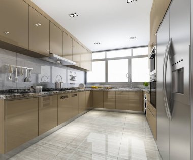3D İskandinav mahsulü, modern mutfak ve yemek alanı.