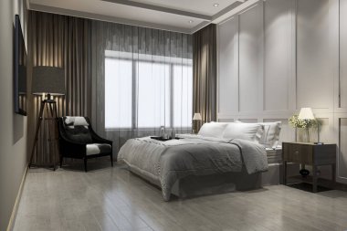 3D güzel, lüks, eski yatak odası süiti, televizyonlu.