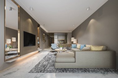 3 boyutlu modern yemek odası ve mutfak yakınında renkli dekorlu oturma odası.