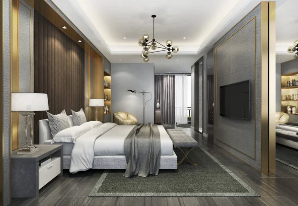 Rendering Mooie Luxe Slaapkamer Suite Hotel Met Werktafel — Stockfoto