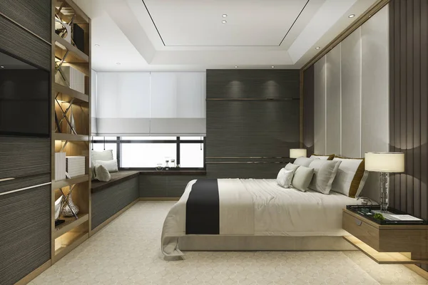 Rendering Holz Moderne Luxus Schlafzimmer Suite Mit Bücherregal Und Kissen — Stockfoto