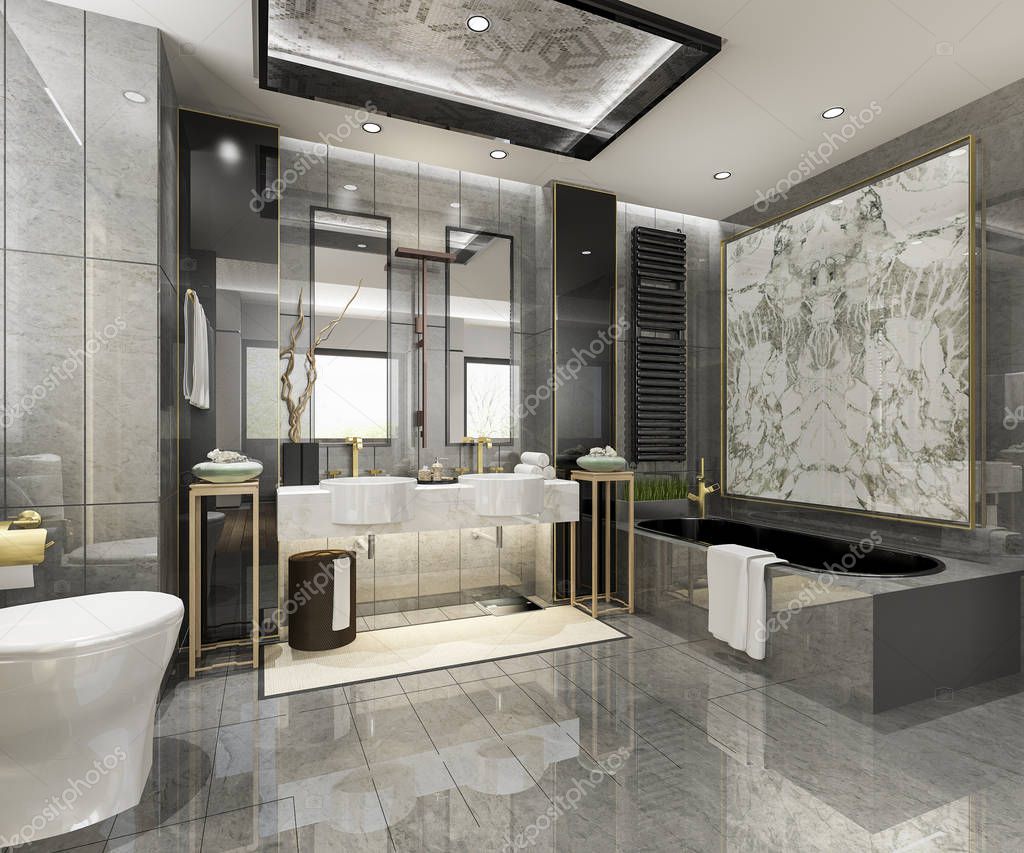 Baño moderno de renderizado 3d con decoración de azulejos de lujo