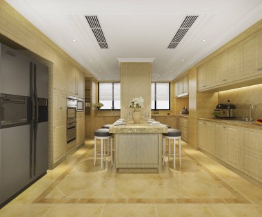 3D İskandinav mahsulü, modern mutfak ve yemek alanı.