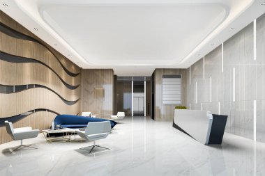 3D modern lüks otel ve ofis resepsiyonu ve asansör koridorunun yanındaki mavi kanepe.