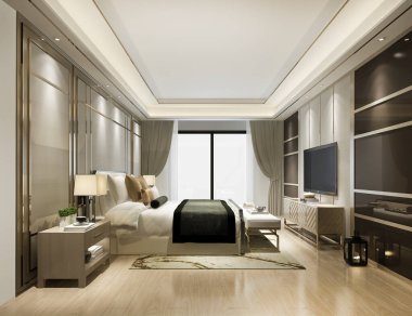 3D, otel odasındaki klasik modern yatak odası süiti.