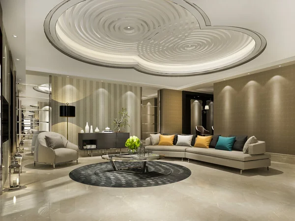 Rendering Mewah Dinding Klasik Ruang Tamu Dengan Sofa Dan Lampu — Stok Foto