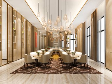 Satış merkezinde 3D renging zarif salon lobi alanı ve kütüphane