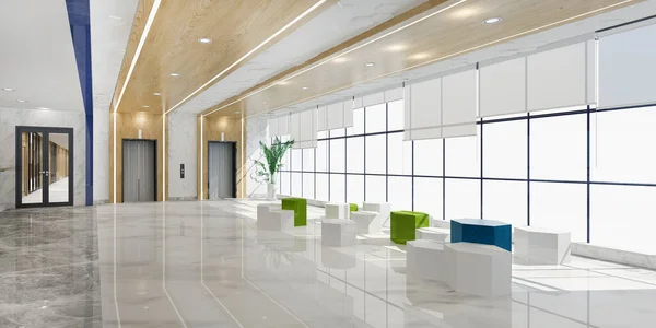 3D modern lüks otel ve ofis resepsiyonu ve asansör koridorunun yanındaki kanepe ile dinlenme odası.