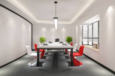 3D rengarenk dekoratif fırınlı yüksek katlı ofis binasında iş görüşmesi odası