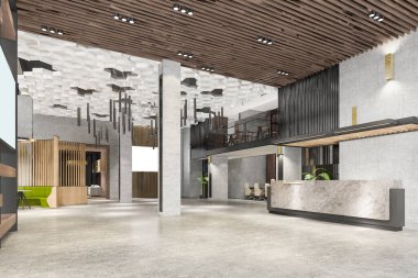 3D büyük lüks otel resepsiyon salonu girişi ve yüksek tavanlı salon restoranı.