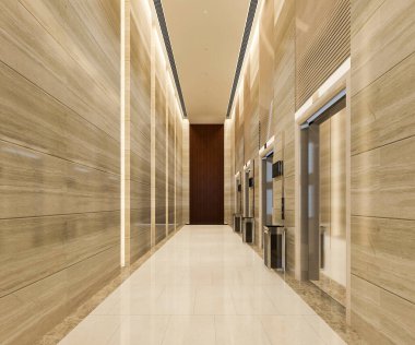 3D modern çelik asansör lobisi. İş otelinde, koridorun yanında lüks tasarım var.