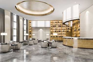 3D, lüks otel resepsiyon salonu ve ofisi dekorasyon raflarıyla donatıyor.