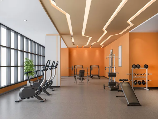 3 boyutlu modern turuncu çatı katı spor salonu ve fitness.