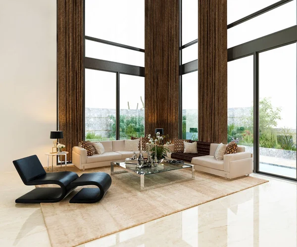 3d rendering luxury living room lobby lounge with high window lobby