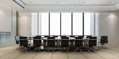 Yüksek katlı ofis binasında 3D iş görüşmesi odası