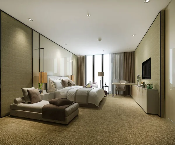 3d rendering luxury bedroom suite in resort high rise hotel with cushion