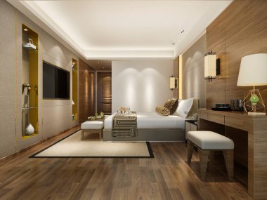 3D, oteldeki, üzerinde televizyon ve çalışma masası olan lüks yatak odası süiti.