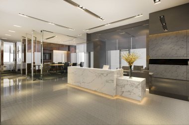 3D modern lüks otel ve ofis resepsiyonu ve toplantı odası sandalyeli dinlenme odası