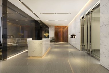 3D modern lüks otel ve ofis resepsiyonu ve dinlenme odası