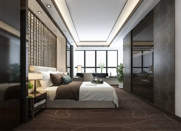 Rendering Mooie Luxe Slaapkamer Suite Hotel Met Werktafel — Stockfoto