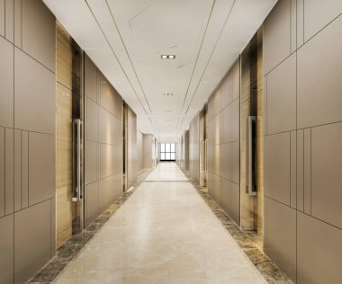 3D modern lüks ahşap ve fayans otel koridoru.