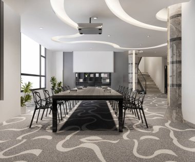 Yüksek katlı ofis binasında 3D iş görüşmesi odası