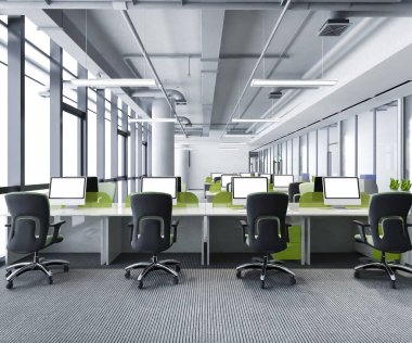 3D yeşil iş toplantısı ve ofis binasındaki çalışma odası