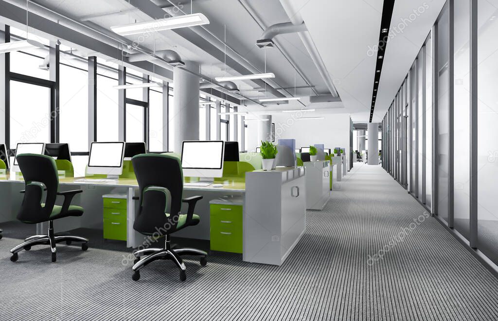 3d rendering green business meeting and working room on office building