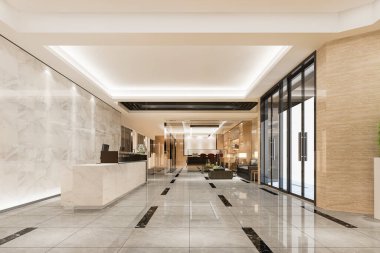3D modern lüks otel ve ofis resepsiyonu ve toplantı odası sandalyeli dinlenme odası