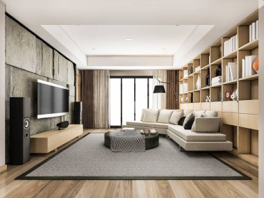 3 boyutlu İskandinav oturma odası, puf ve kitaplık.